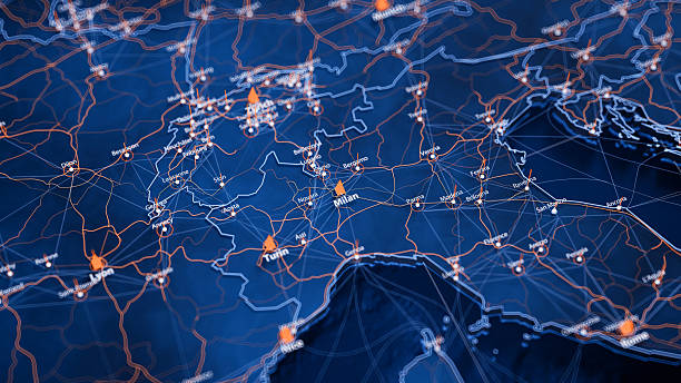 istock Milan map big data visualization. Futuristic map infographic of city in Italy. Visual map data complexity in modern blue and orange colors 2246194406