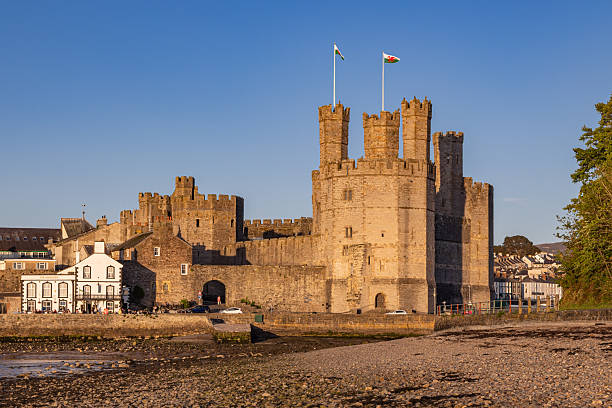 Caernarfon, Gwynedd, Wales, United Kingdom. May 2, 2025. Caernarfon Castle in late afternoon light.
