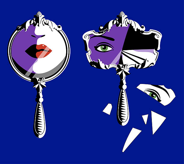 Two decorative retro mirrors, one of which is broken in black and white graphics, isolated on a blue background. Vector illustration in minimalistic flat style