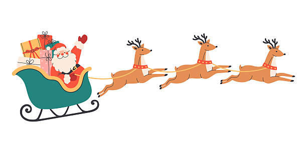 Santa Claus flying on sleigh with reindeers with Christmas presents. Perfect for greeting cards, invitations, posters, seasonal design.