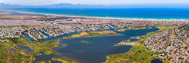 Cape Town's Lakeside suburb and Marina da Gama with Zandvlei Estuary seen from above.