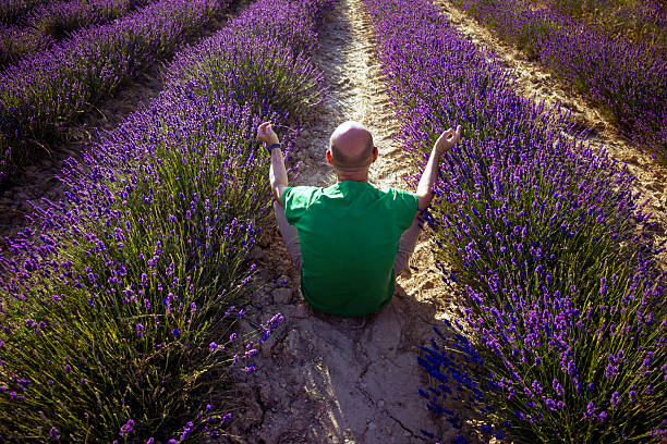 Bald man practicing yoga and meditation in a peaceful purple lavender field during summer, experiencing tranquility and stress relief within nature's beauty