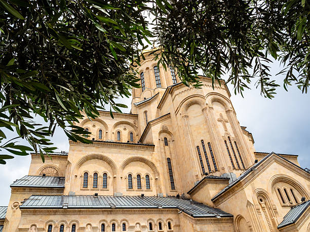 istock green leaves and Sameba Cathedral in Tbilisi city 2246232469