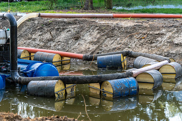 istock Equipment used for water pollution control at a site near a river with visible barrels and pipes along the bank 2246233855