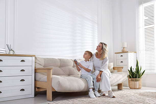 istock Woman and her son using remote to control air conditioner on sofa at home 2246234404