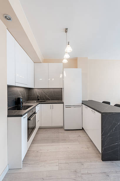 istock Modern Home Compact Kitchen with Sleek White Cabinets and Black Countertops 2246235376