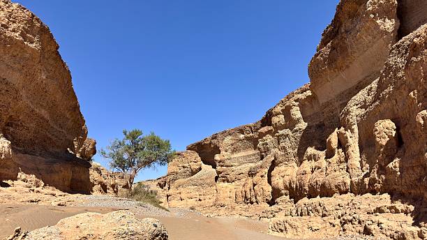 Low angle view with dramatic lens flare of natural narrow passageway through mountain, providing access to Jabal Ithlib.