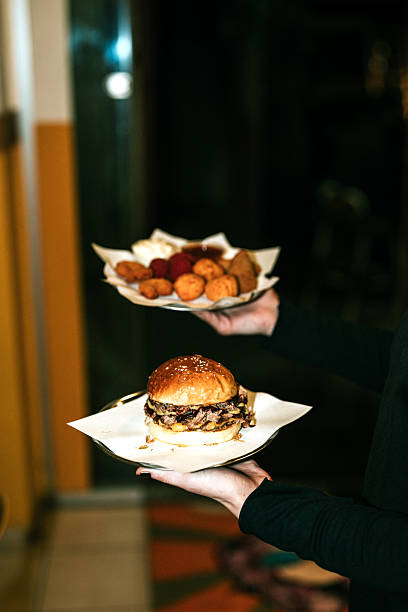 Fried balls and burgers ready to serve