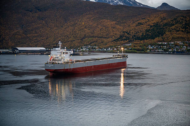 A large cargo ship sails through a calm harbor at Narvik, Norway with autumn-hued mountains in the background