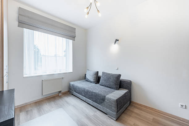 istock Modern Home Minimalist Living Room with Grey Sofa and Large Window 2246240443