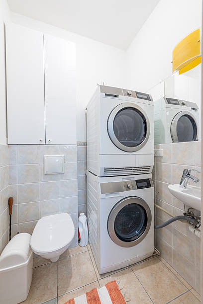 istock Modern Home Bathroom With Washing Machine and Dryer Stacked Alongside Sink 2246240455