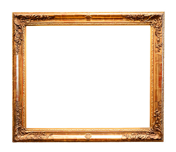 blank ancient horizontal golden picture frame with cutout canvas isolated on white background