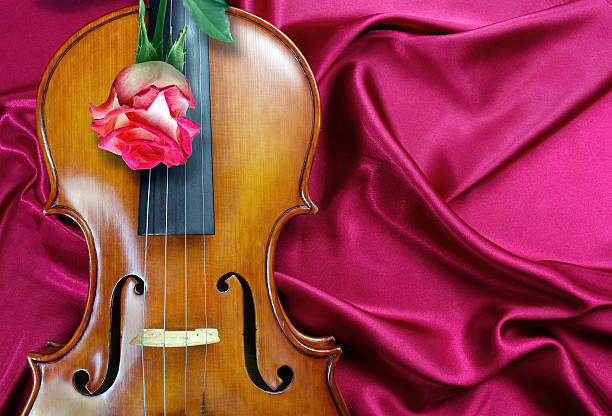 Violin and pink rose on a silk background. Romantic card. St. Valentine's Day