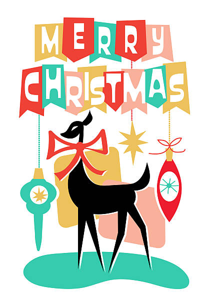 Vector illustration of a Vintage Merry Christmas Greeting in Retro MCM Mid century style with cute deer silhouette with bow and hanging tree ornaments.  Download includes vector eps and high resolution jpg.