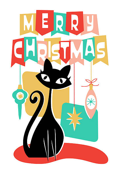 Vector illustration of a Vintage Merry Christmas Greeting in Retro MCM Mid century style with cute black kitty cat and hanging tree ornaments.  Download includes vector eps and high resolution jpg.