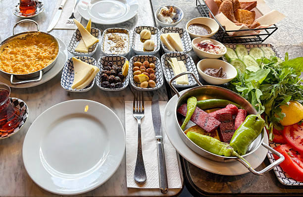 istock Breakfast. Traditional Turkish breakfast. Brunch. Turkish spread breakfast. Turkish name serpme kahvaltı 2246257102