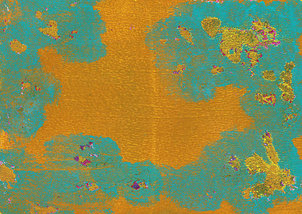 Textured hand painted background with prominent colors of turquoise green and golden yellow. Painted with acrylic on paper.