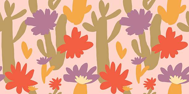 Bold cactus and floral seamless pattern. Vibrant desert plants with red, purple, and mustard flowers on soft pink background.