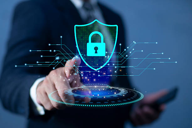 istock Businessman touch the protect cyber technology network on computer virtual screen. Cyber security concept with shield symbol, privacy protection and computer safety icon. 2246282263