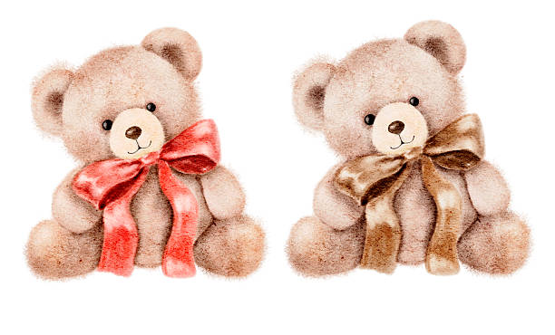 Hand painted watercolor teddy bear with red and brown ribbon bow. Cute soft toy illustration perfect for baby shower cards, children prints, nursery posters, fabric patterns, and holiday gift design
