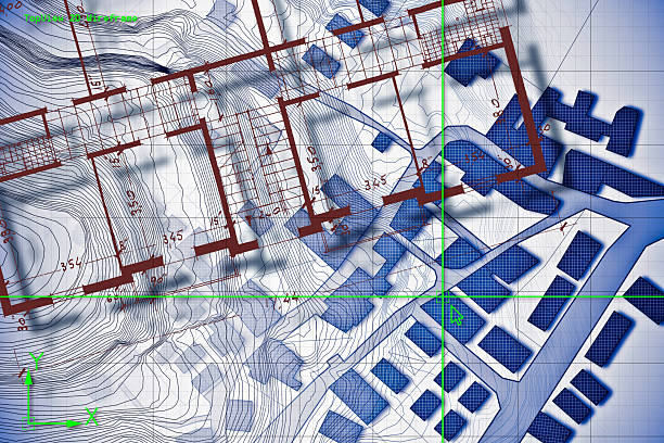 istock FICTIONAL CADASTRAL MAP OF TERRITORY DRAWN WITH A CAD SOFTWARE (Computer-Aided-Design) and project of an old condominium building drawing by hand 2246293361