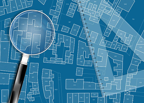istock Imaginary cadastral map with buildings, land parcel and vacant plot - Land records and property registry with cadastre documentation and ownership parcel identification 2246294319