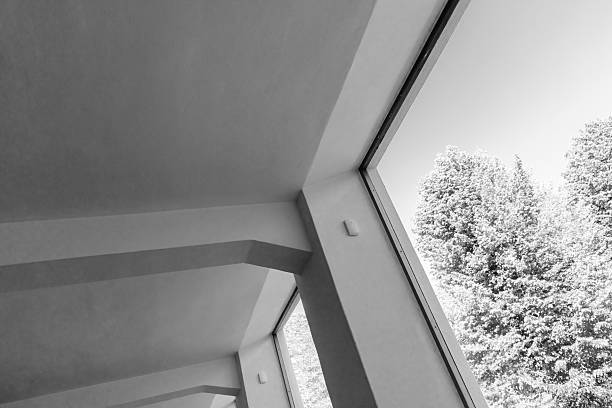 A stark monochrome interior scene featuring angled walls and expansive windows that frame leafy trees outside, creating clean lines, natural light, and a calm, minimalist architectural mood