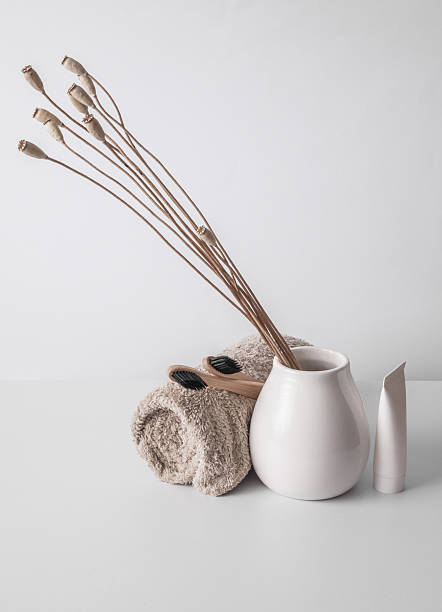 istock Natural eco friendly toothbrushes with toothpaste and vase on white background 2246299294