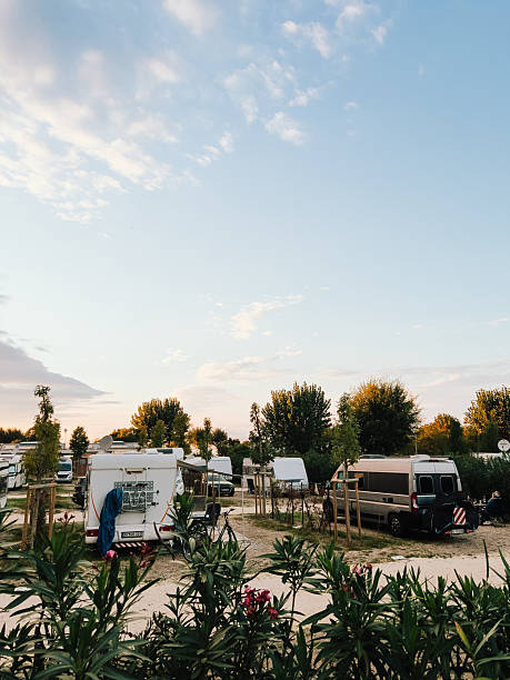 Campers parked in designated spots create tranquil and inviting atmosphere, basking in warm glow of setting sun, perfect for relax and outdoor enjoyment. Camping environment, relaxing outdoor mood
