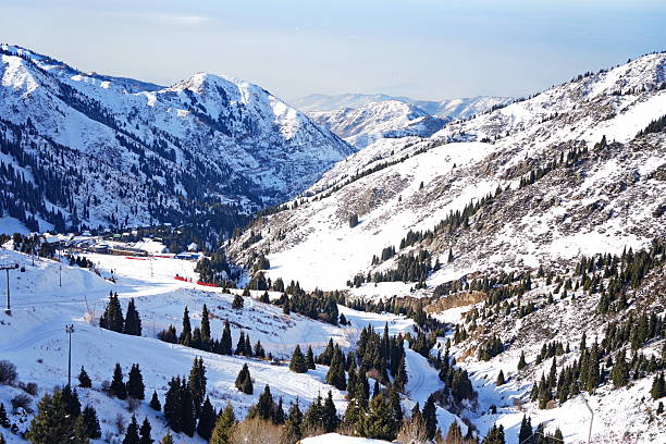 istock Medeo. A mountain gorge, with different vegetation and fir trees. First snow. 2246304269