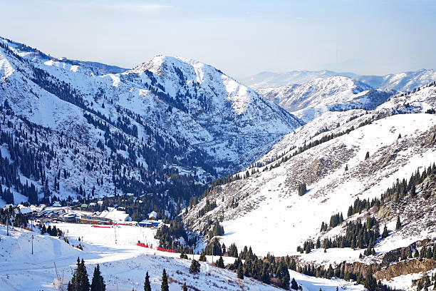 istock Medeo. A mountain gorge, with different vegetation and fir trees. First snow. 2246304273