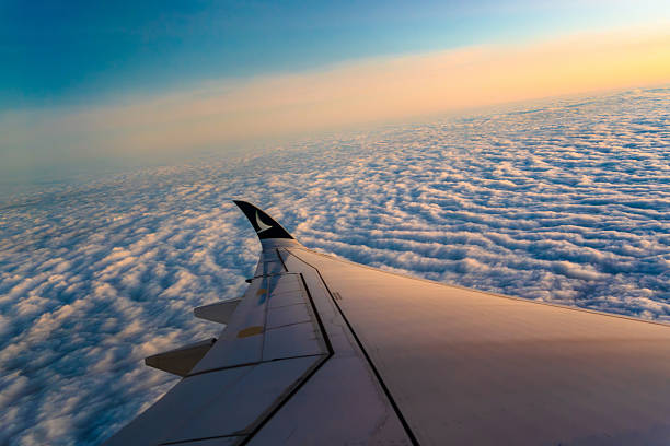 Hong Kong - November 5, 2025 : Cathay Pacific Airbus A350 wing flying above sea of clouds during beautiful sunset light from window.