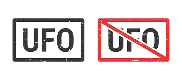 UFO - Unidentified Flying Object. Rubber stamps for your own design, isolated on a blank background. The first stamp is in black ink. The second stamp is in red ink with the text in black. The text is crossed out with a red line, it is an exclusion or prohibition stamp. The rubber stamps have a slight grunge texture. Vector Illustration (EPS file, well layered and grouped). Easy to edit, manipulate, resize or colorize. Vector and Jpeg file of different sizes.