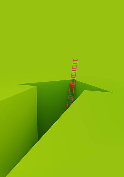 Red ladder and green cutout arrow shape on green background. Solution and success concept.