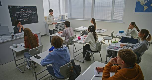 istock Students and Teacher Listen Attentively Presentation by One of Students 2246313021