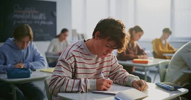 istock Boy in Sweater Sits at Desk With Calm, Confident Posture 2246315841