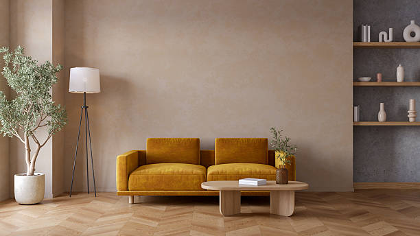 istock Modern  vintage  interior living room with leather sofa, featuring coffee table,  with  brown stucco wall , and vintage decor .3drender 2246315969