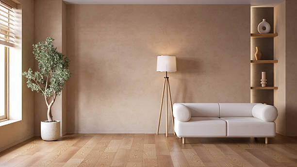 Modern  vintage  interior living room with modern sofa and floor lamp, featuring coffee table,  with  brown stucco wall , and vintage decor .3drender