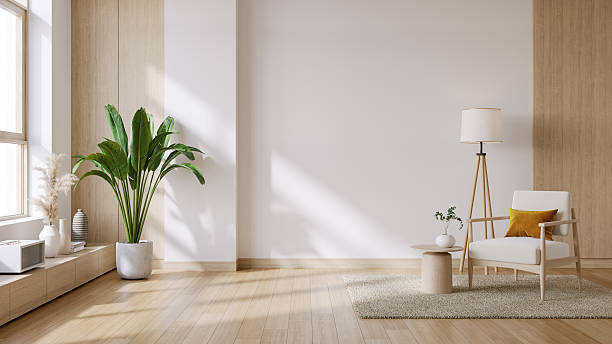 istock Modern  minimal interior living room with white sofa and wooden coffee table on white wall .3drender 2246316007