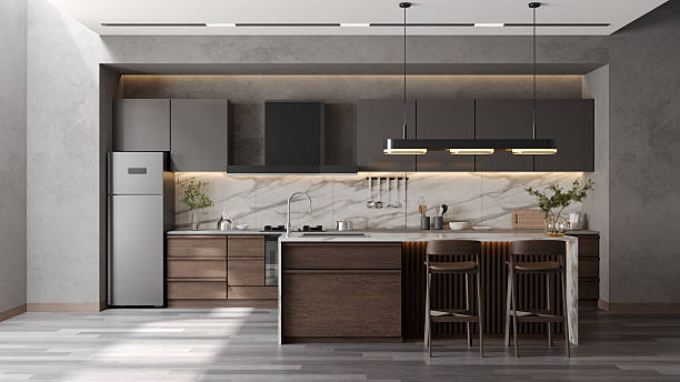 istock Modern loft  kitchen room interior with marble dinning island table and contemporary chair with  black lamp and dark wood floor.3d render 2246316013