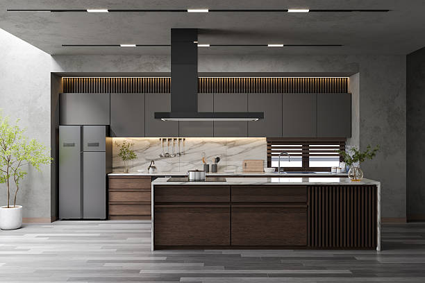 istock Modern loft  kitchen room interior with dinning island table with  dark wood floor.3d render 2246316017