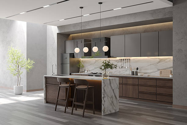 istock Modern loft  kitchen room interior with marble dinning island table and contemporary chair with  black lamp and wood floor.3d render 2246316025