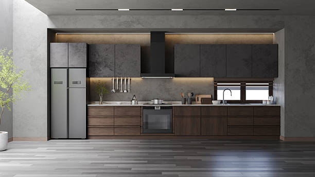 istock Modern loft  kitchen room interior with dark wood cabinate and wood floor.3d render 2246316029