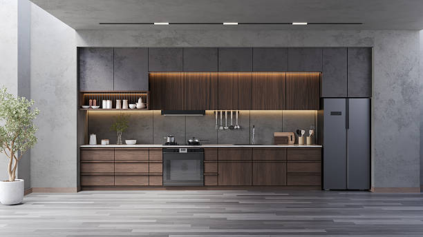 istock Modern  kitchen room interior with dark wood cabinet and wood floor.3d render 2246316030