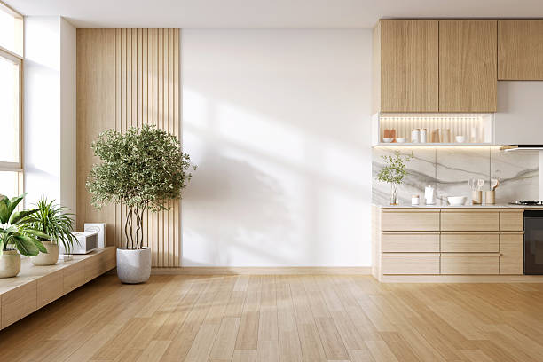 istock White wall mock up ,Elegant contemporary kitchen room interior Modern Contemporary white and wood material. 3drender 2246316044
