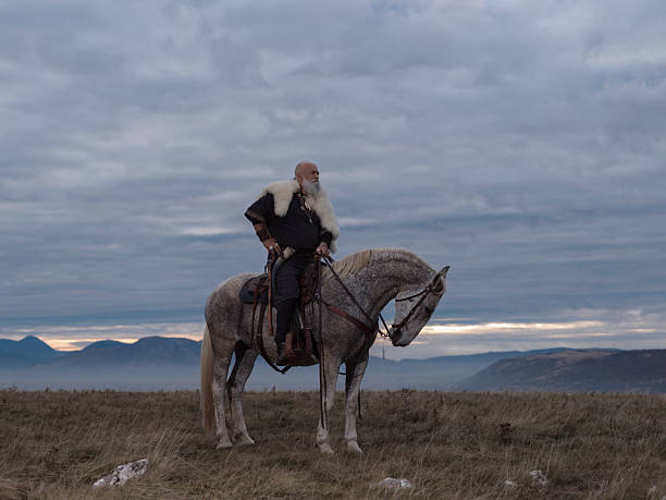 istock A majestic Viking chieftain on a dappled grey horse, clad in a fur cloak, surveys a desolate, mountainous landscape under a dramatic cloudy sky, exuding power and presence. 2246320107