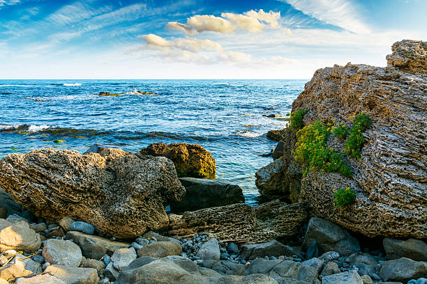 weekend on a rocky beach at the black sea under open blue sky. beautiful coastline of bulgaria in summer. seascape scenery on a bright morning with clouds above horizon. sunny weather