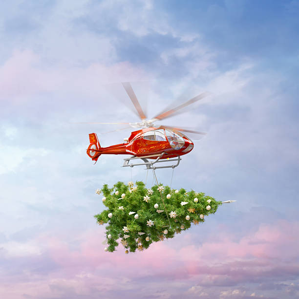 Santa Claus flying a red helicopter with a decorated Christmas tree suspended below. Playful and imaginative Christmas illustration representing holiday delivery, winter joy, festive mood, joyful celebration. Great for seasonal ads, marketing visuals, greeting cards, advertising and digital campaigns