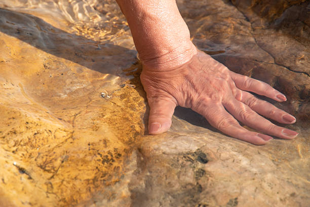 A hand is in the water, and the water is clear with beautiful reflections.