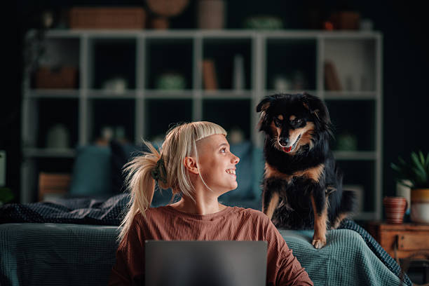 istock Young woman smiling with dog while working remotely at home 2246327858